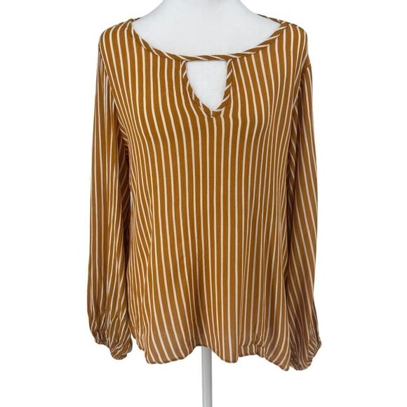 🌟 EVERLY Mustard Yellow & White Striped Long Sleeve Blouse Boho Chic V-Neck Top - Picture 1 of 10